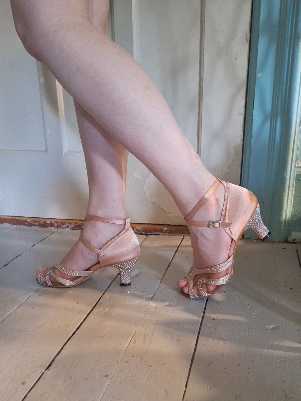 Blush Pink Satin Dance Heels with Rhinestone Detail